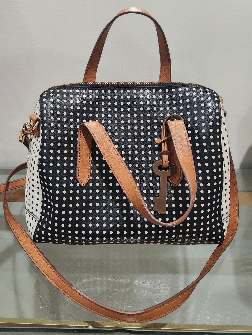 Fossil Black & White Polka Dot Satchel with Brown Leather Trim